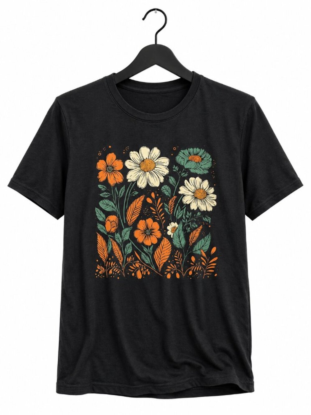 Women's Graphic Tee Casual Short Sleeve Round Neck Floral, BLACK, Size LARGE